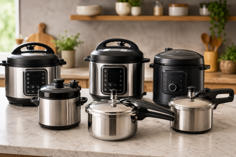Collection of electric multi-cookers and stainless steel stovetop pressure cookers displayed on a modern kitchen countertop, showcasing the best pressure cookers for home cooking in a contemporary kitchen.