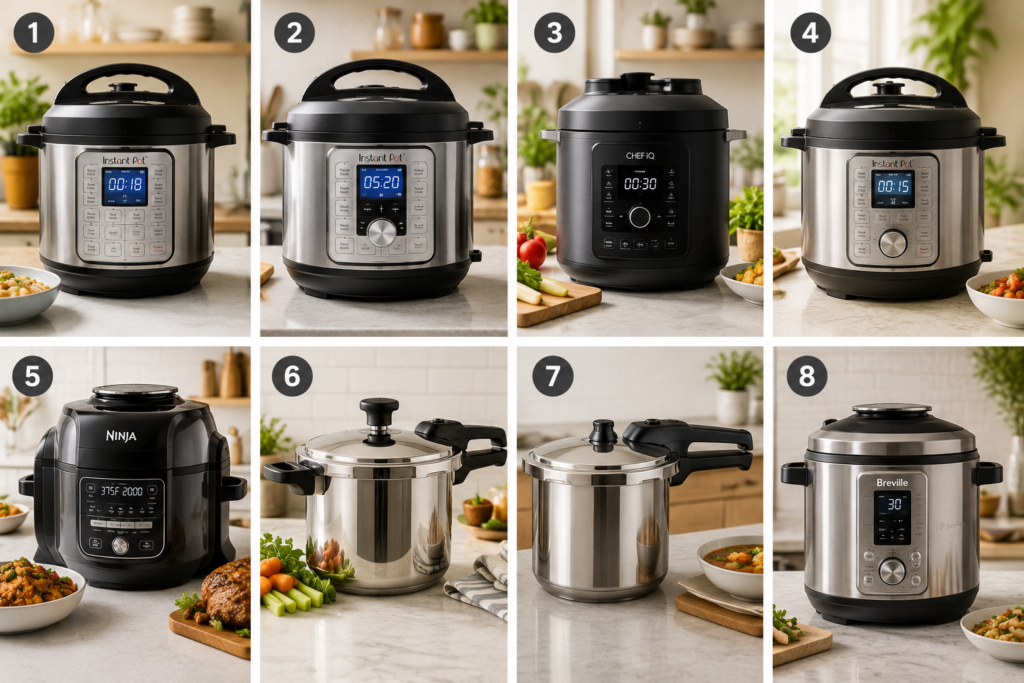 Collage of eight electric and stovetop pressure cookers displayed in modern kitchens, showcasing a variety of pressure cooker styles, sizes, and features for home cooking.