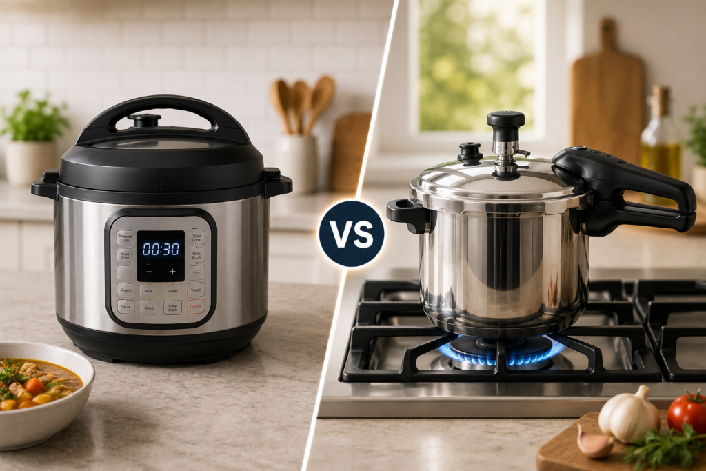 Side-by-side comparison of an electric pressure cooker and a stainless steel stovetop pressure cooker in a modern kitchen, highlighting two popular pressure cooking options for home cooks.