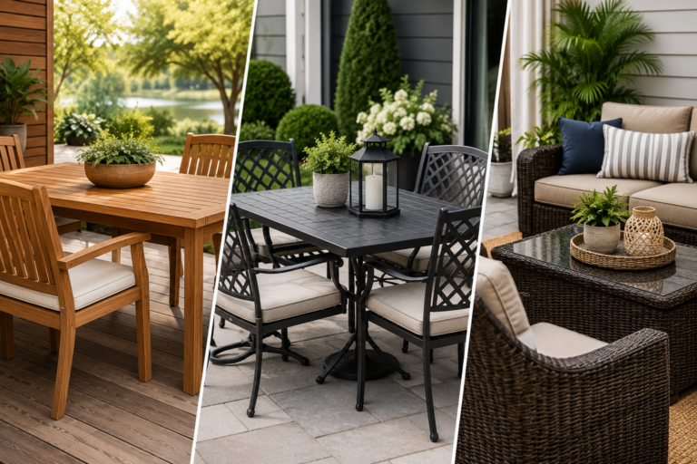 "Comparison of wooden, metal, and wicker patio furniture arranged in modern outdoor spaces, showcasing different materials, styles, and designs for backyard seating."