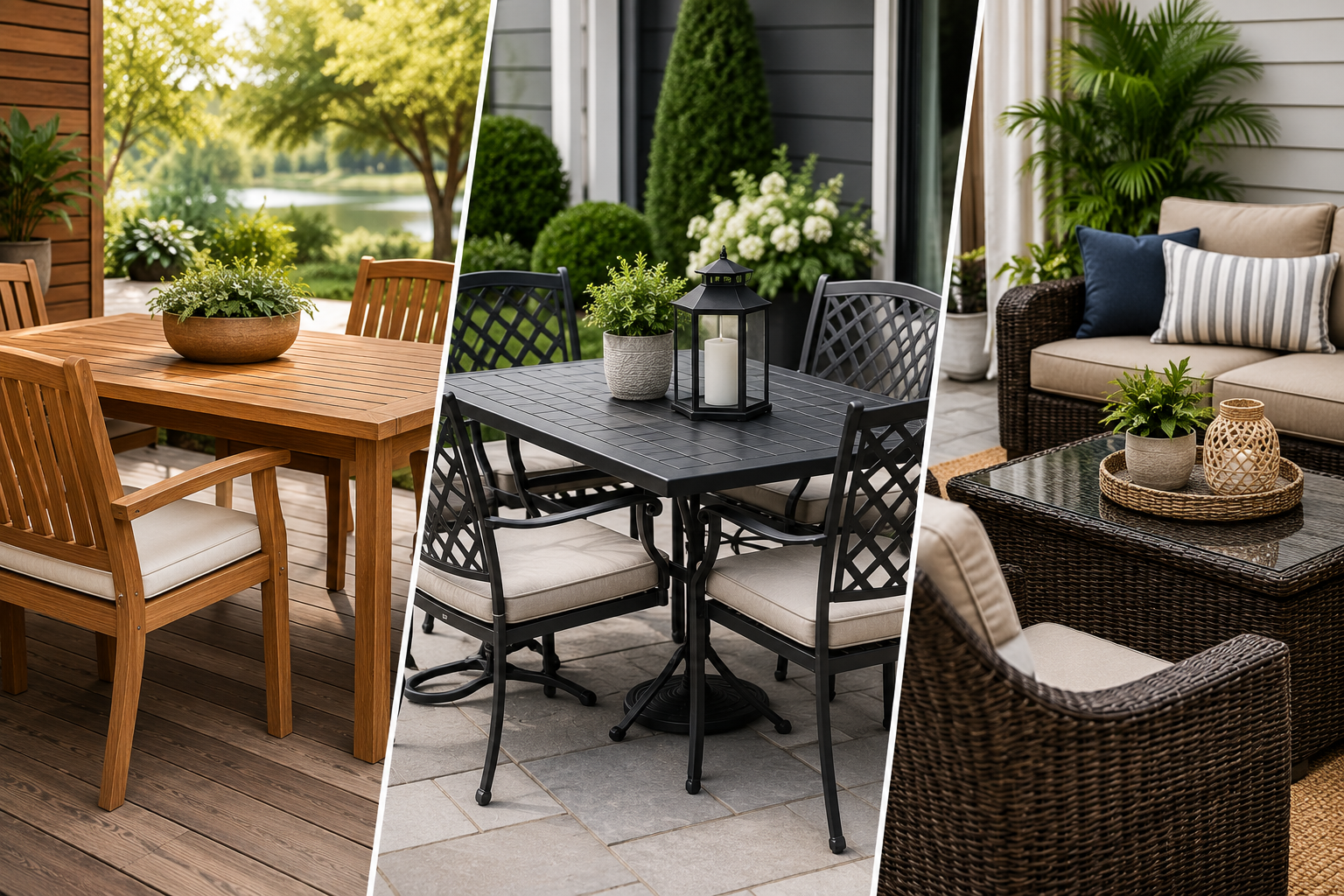 "Comparison of wooden, metal, and wicker patio furniture arranged in modern outdoor spaces, showcasing different materials, styles, and designs for backyard seating."