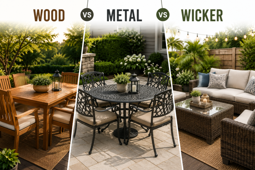 "Side-by-side comparison of wooden, metal, and wicker patio furniture in modern outdoor settings, highlighting the unique style, materials, and design of each furniture type."