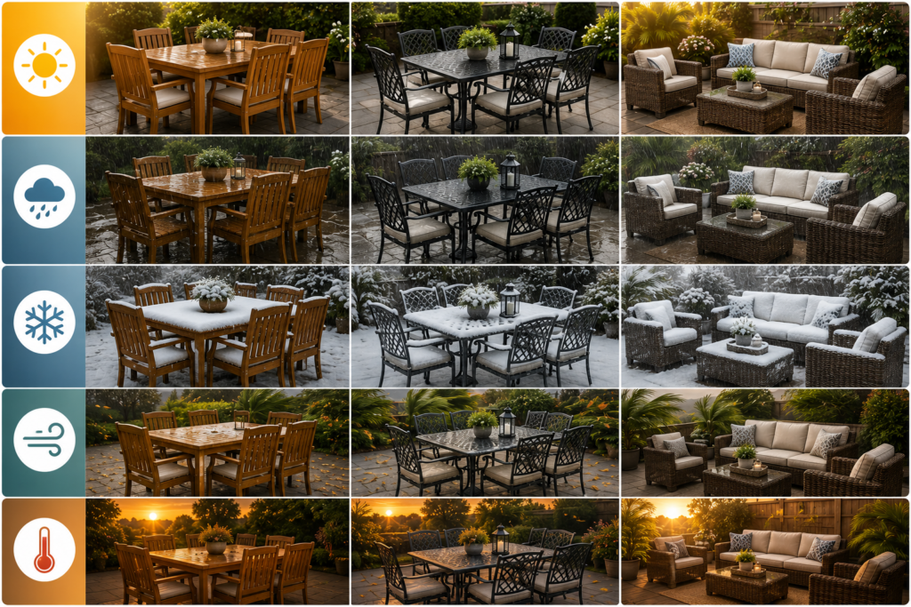 "Comparison of wood, metal, and wicker patio furniture in sunny, rainy, snowy, windy, and hot weather conditions with weather icons, illustrating durability across different outdoor environments."