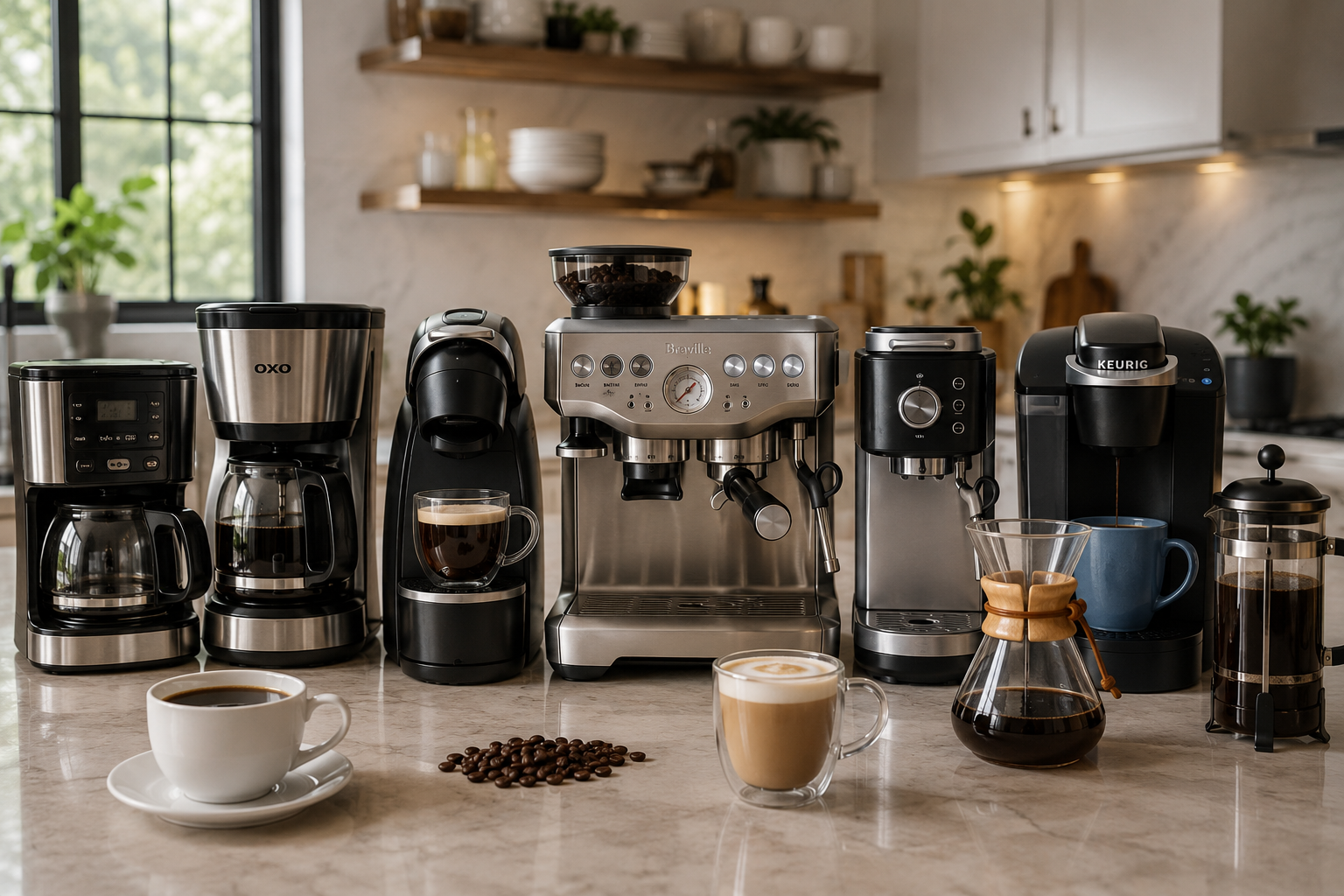 Best coffee makers for home use displayed on a modern kitchen countertop, including drip coffee makers, espresso machines, single-serve brewers, French press, and pour-over coffee maker.