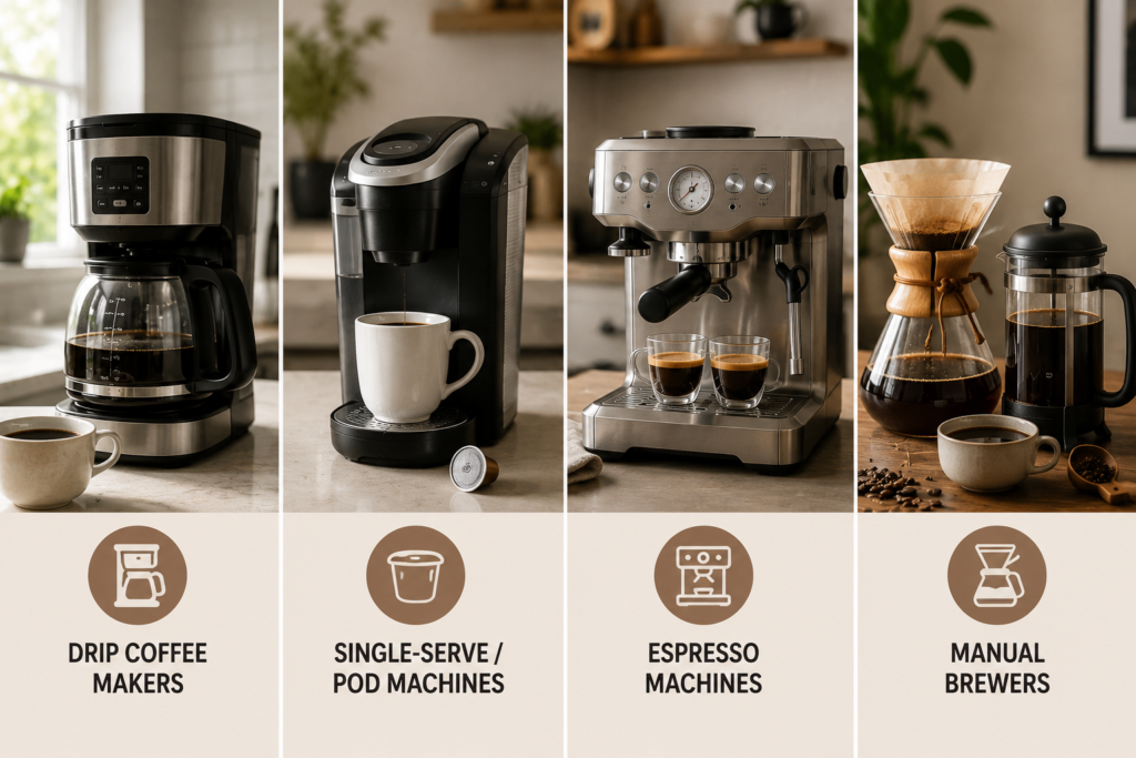 Comparison of drip coffee maker, single-serve pod machine, espresso machine, and manual coffee brewer displayed in a modern kitchen to help choose the right coffee maker for home use.