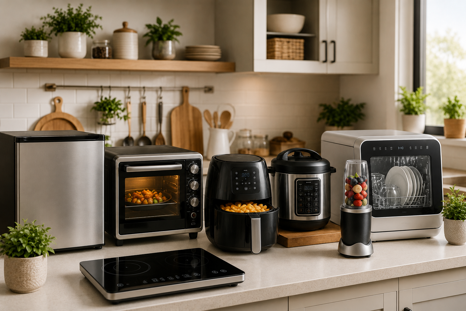 "Modern compact kitchen featuring a mini refrigerator, countertop oven, air fryer, multi-cooker, induction cooktop, portable blender, and compact dishwasher arranged in a small, organized kitchen."