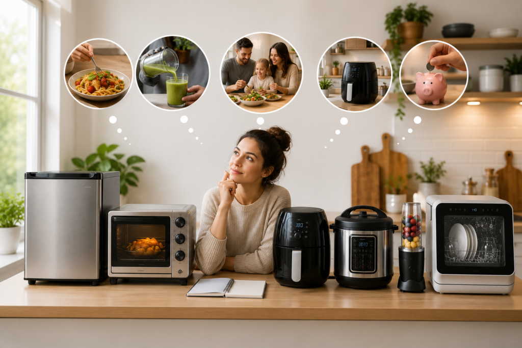 "Person comparing compact kitchen appliances in a modern kitchen while choosing the most practical options based on daily cooking needs, available space, and household lifestyle."