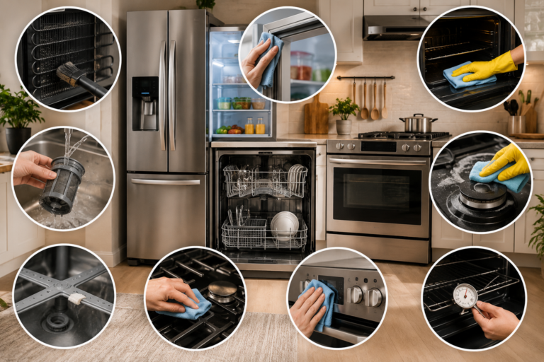 Modern kitchen appliances including a refrigerator, dishwasher, oven, and stovetop with hands cleaning filters, door seals, burners, and condenser coils to demonstrate essential kitchen appliance maintenance tips.