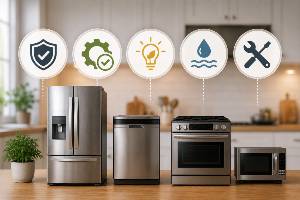 Modern kitchen appliances including a refrigerator, dishwasher, oven, and microwave with maintenance icons representing efficiency, protection, energy savings, water efficiency, and long-lasting performance.