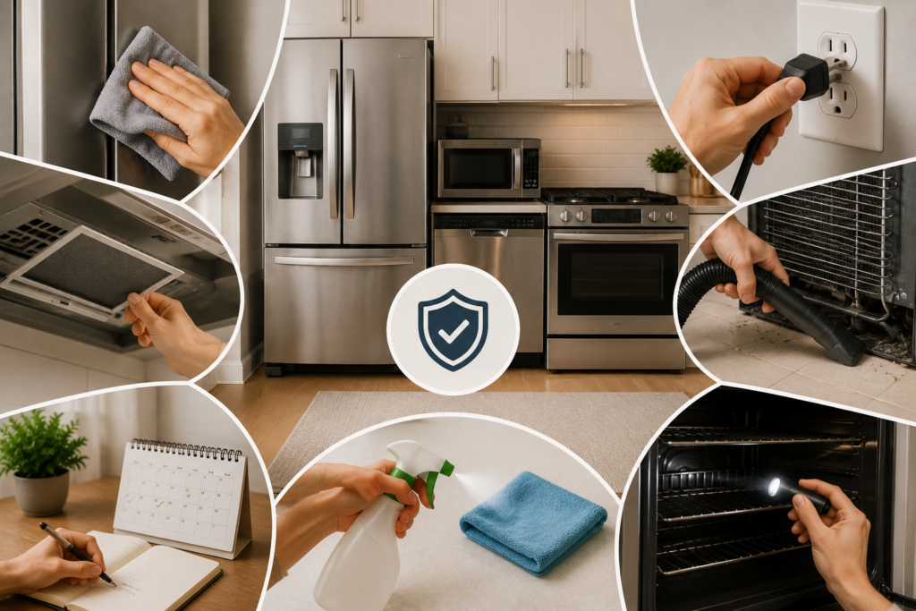 Modern kitchen appliances with essential maintenance tools and care icons, showing routine cleaning, inspection, ventilation, and preventive maintenance for long-lasting appliance performance.