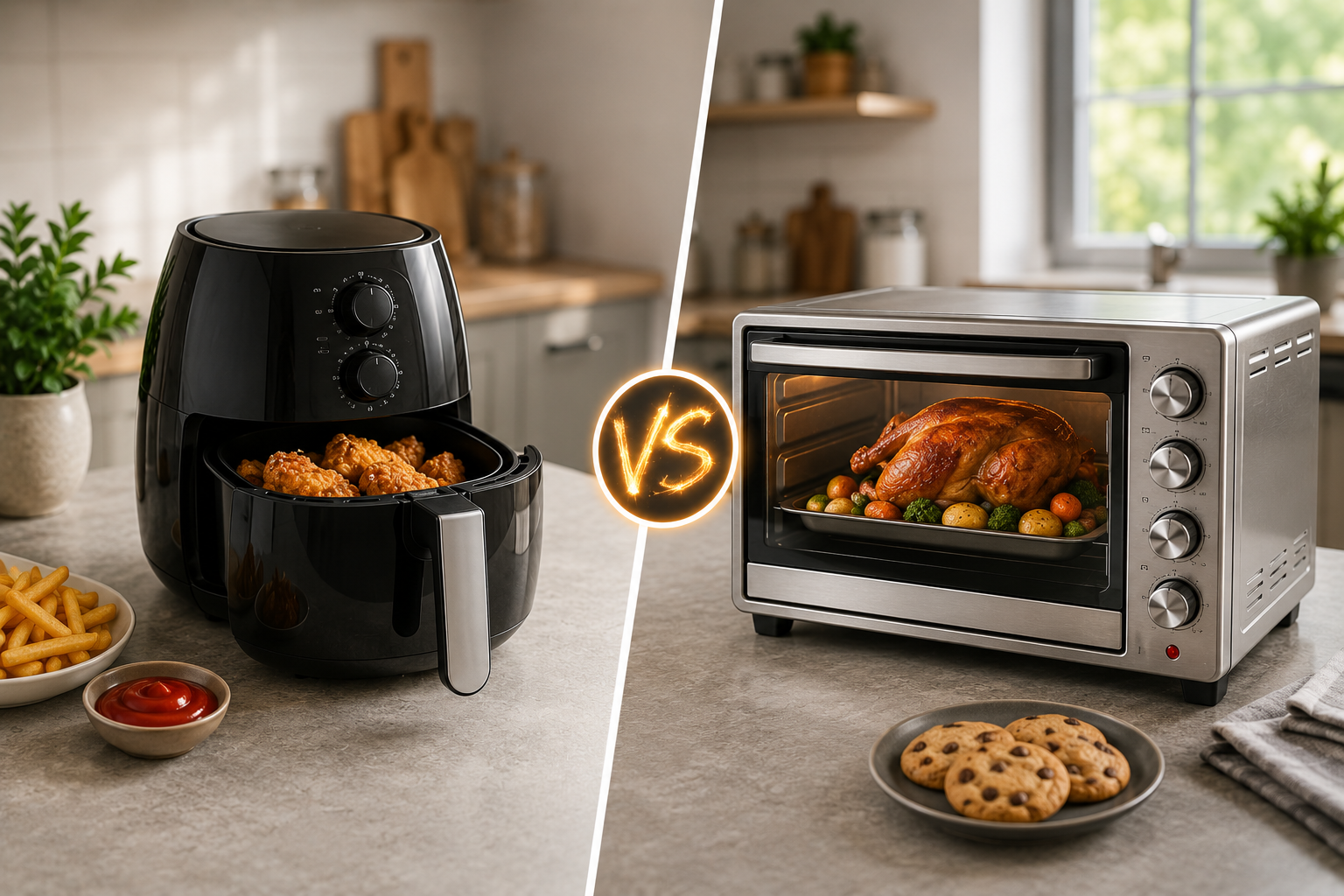 "Side-by-side comparison of an air fryer and a countertop convection oven in a modern kitchen, highlighting two popular cooking appliances for fast meals and versatile home cooking."