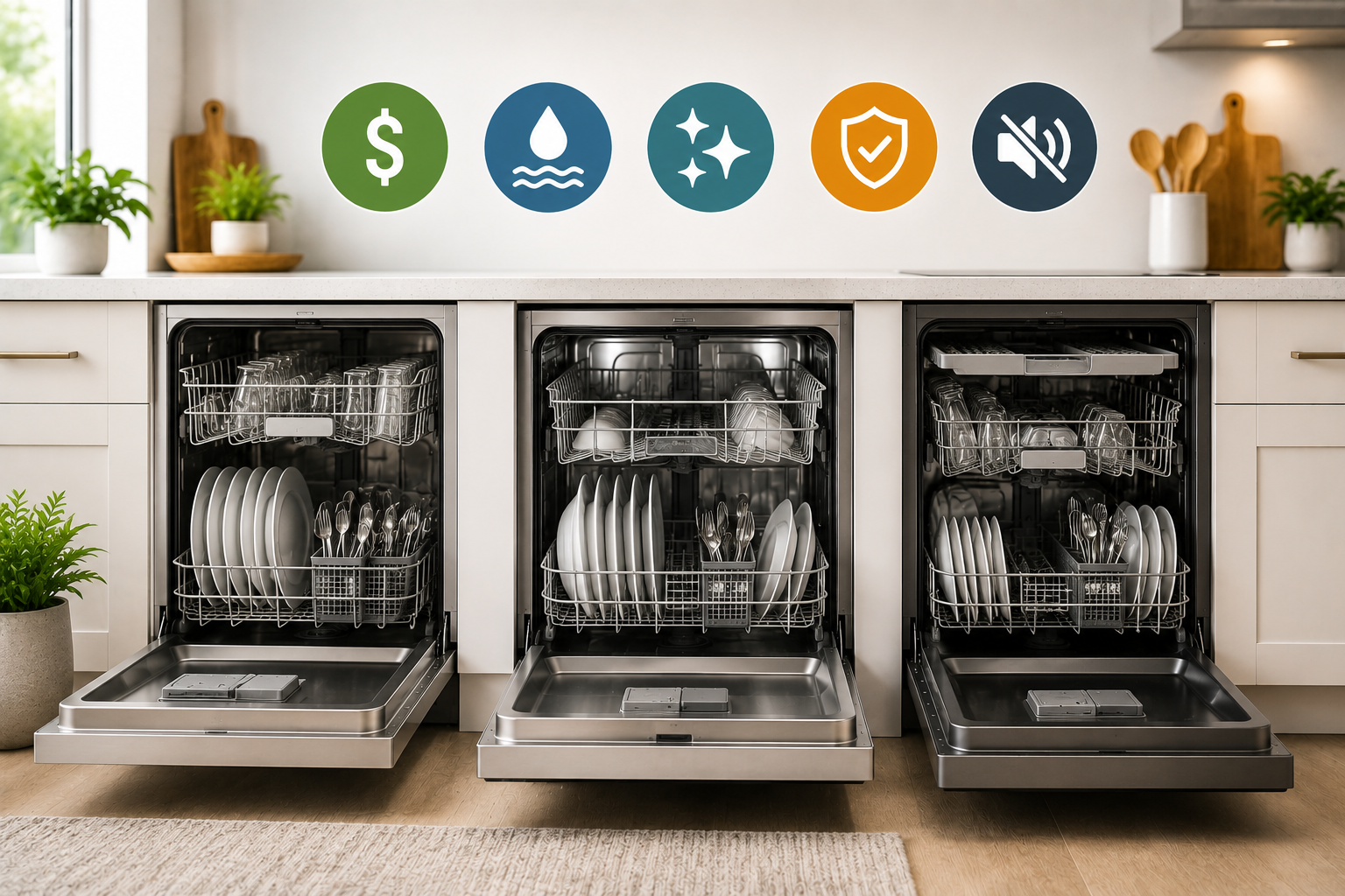 Modern built-in dishwashers in a contemporary kitchen with clean dishes and feature icons representing affordability, energy efficiency, quiet operation, reliable cleaning, and premium performance.