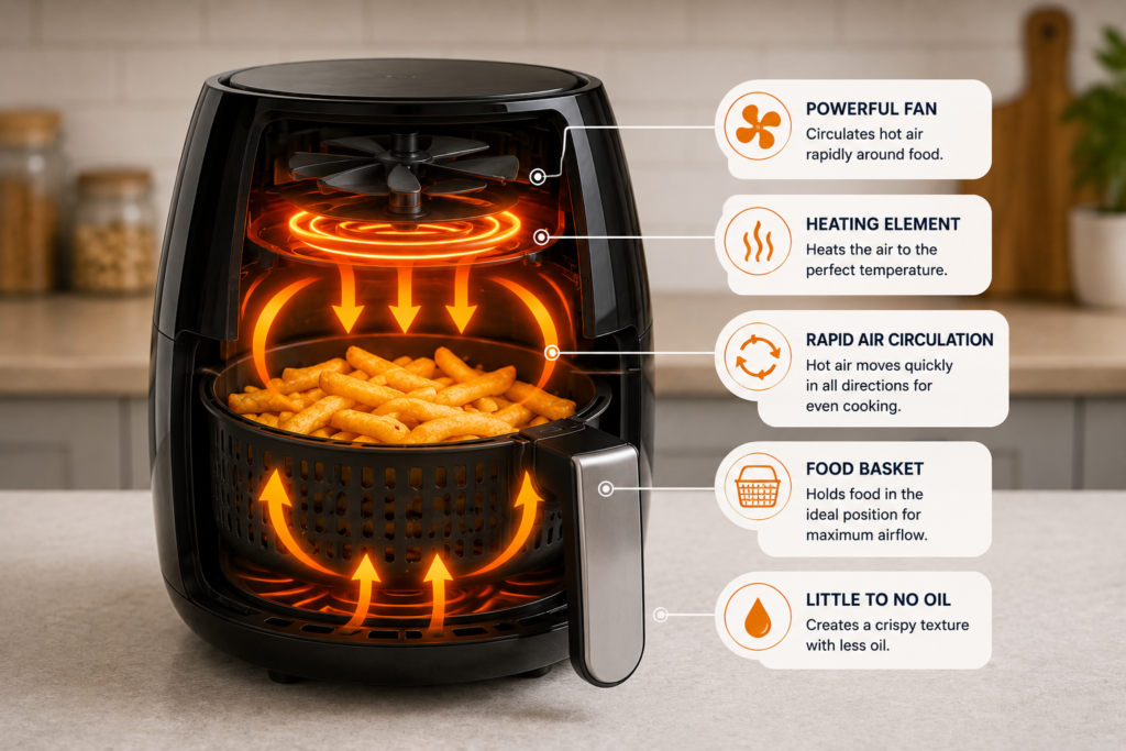 "Cutaway illustration of an air fryer showing the heating element and fan circulating hot air around food for fast, crispy, and oil-free cooking."
