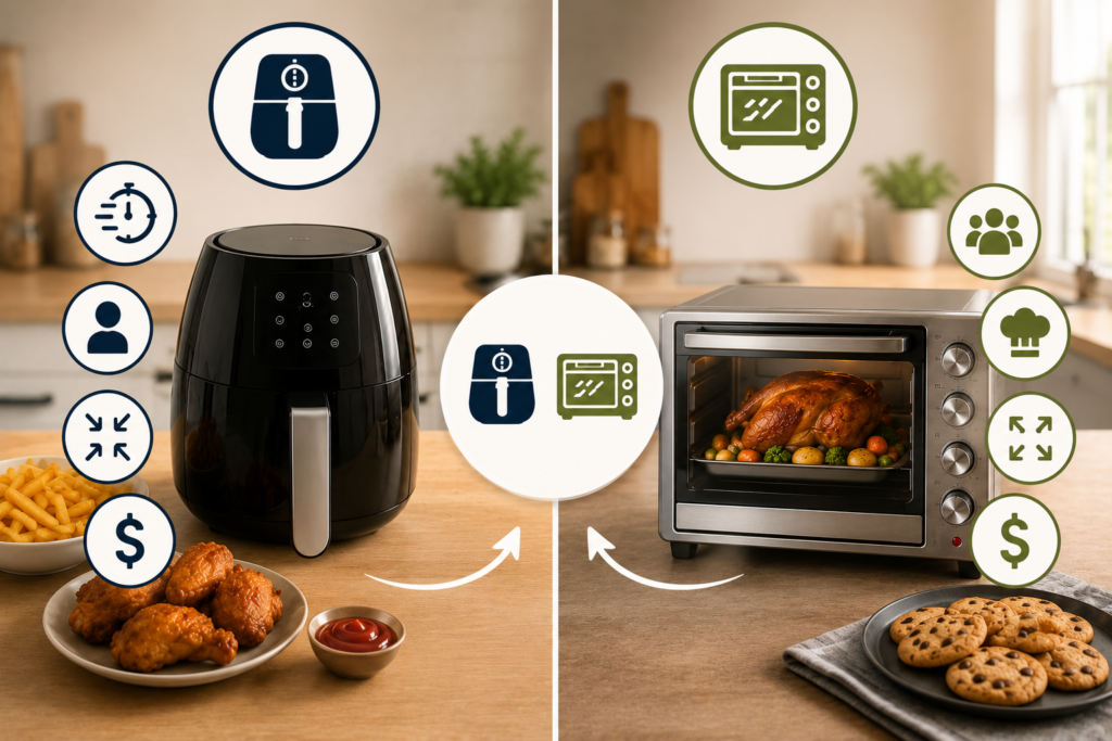 "Side-by-side comparison of an air fryer and a countertop convection oven with simple feature icons, helping homeowners choose the best kitchen appliance for their cooking needs."