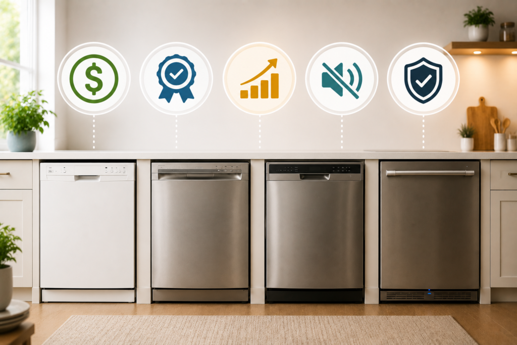 Four built-in dishwashers in a modern kitchen with icons representing price, quality, value, quiet operation, and reliability to compare dishwasher options across different budgets.
