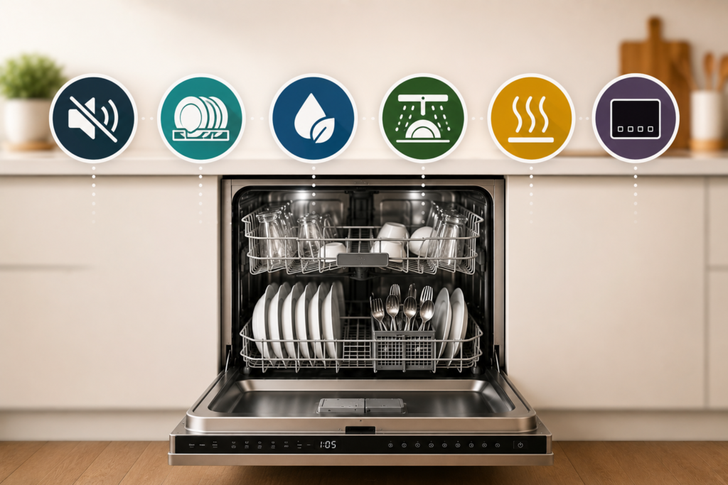 Open stainless steel dishwasher in a modern kitchen with feature icons representing quiet operation, flexible racks, energy efficiency, powerful cleaning, fast drying, and smart wash programs.