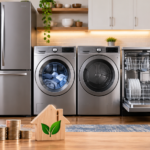 Energy-efficient appliances in a modern American kitchen and laundry room, featuring a refrigerator, washer, dryer, and dishwasher alongside visual cues for energy savings and lower household costs.