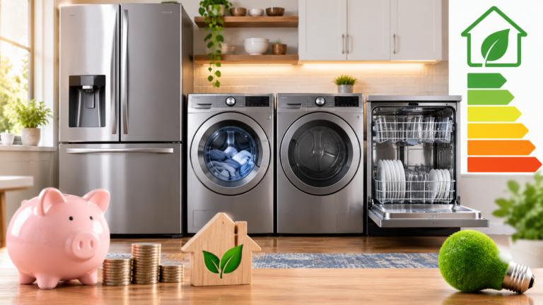 Energy-efficient appliances in a modern American kitchen and laundry room, featuring a refrigerator, washer, dryer, and dishwasher alongside visual cues for energy savings and lower household costs.