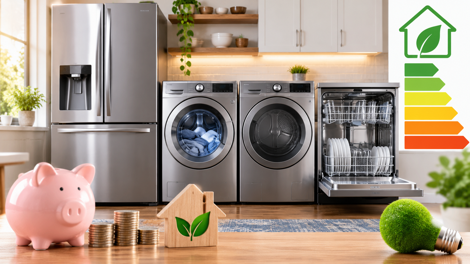 Energy-efficient appliances in a modern American kitchen and laundry room, featuring a refrigerator, washer, dryer, and dishwasher alongside visual cues for energy savings and lower household costs.