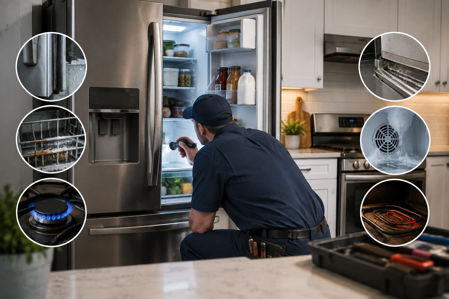 Modern kitchen appliances showing common signs of wear, damage, and replacement needs.