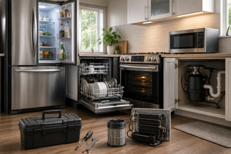 Modern kitchen with refrigerator, dishwasher, oven, microwave, and repair tools for common appliance troubleshooting.
