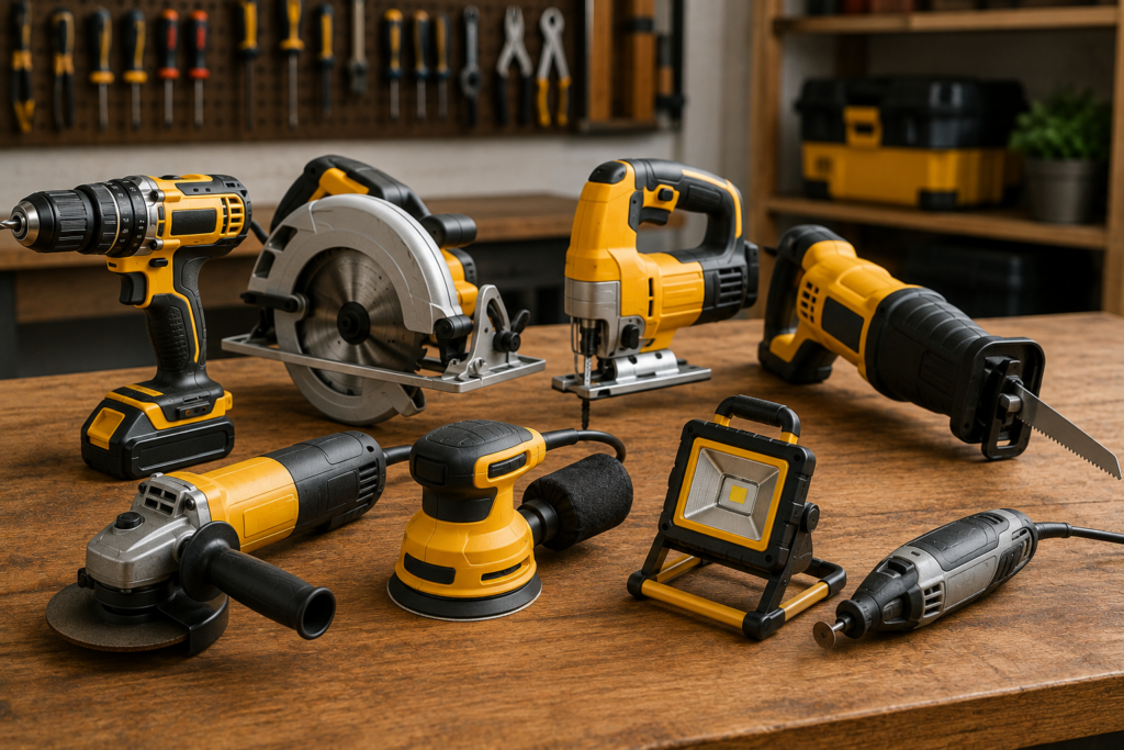 Essential homeowner power tools arranged on a workshop bench, including a cordless drill, circular saw, jigsaw, angle grinder, orbital sander, reciprocating saw, rotary tool, and portable work light.