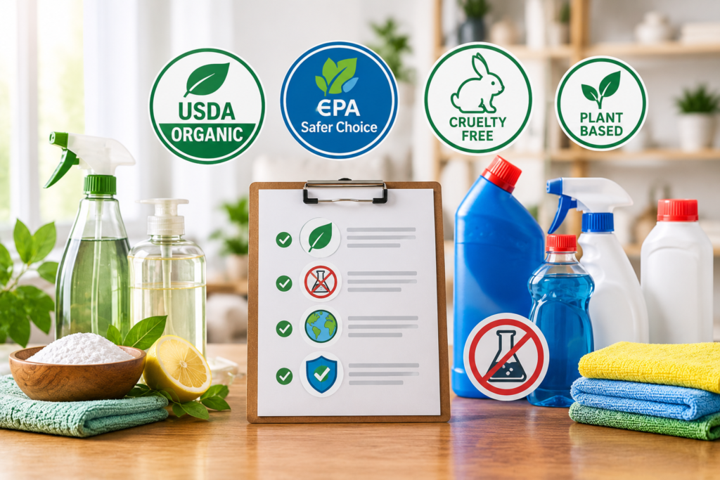 Featured image showing trusted cleaning-product certification concepts with eco-friendly ingredients, certified-product symbols, a verification checklist, and conventional cleaning products for comparison.