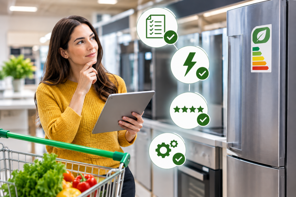 "Shopper comparing energy-efficient kitchen appliances using a tablet and practical buying checklist."