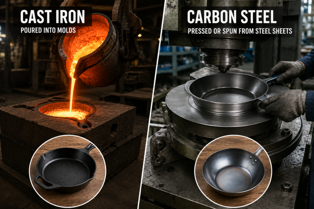 "Cast iron and carbon steel cookware manufacturing process in a foundry and metal pressing workshop."