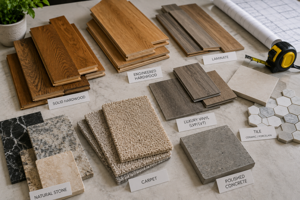 Comparison of flooring materials including solid hardwood, engineered hardwood, laminate, luxury vinyl plank, ceramic tile, natural stone, carpet, and polished concrete displayed in an interior design workspace.