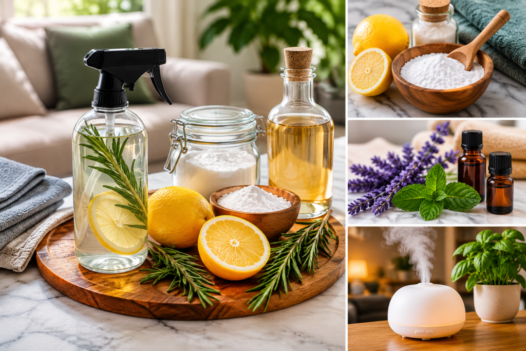 Natural DIY home freshening ingredients including lemon, baking soda, vinegar, rosemary, essential oils, and a diffuser arranged in a bright modern home.