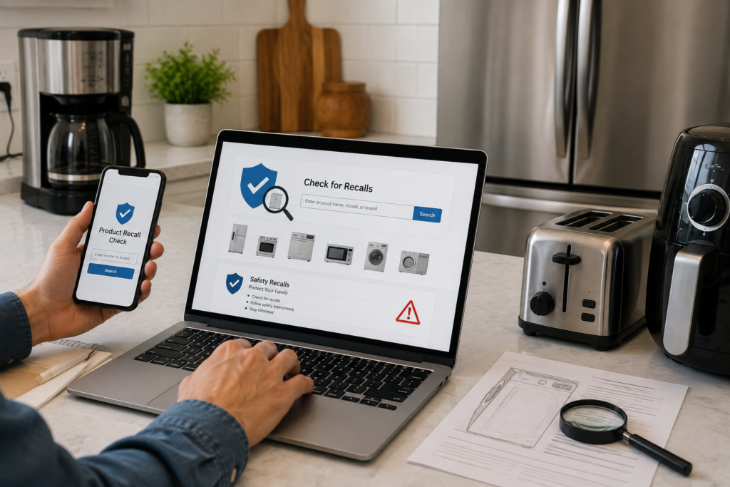 "Person checking kitchen appliance recalls on a laptop with a smartphone in a modern kitchen."