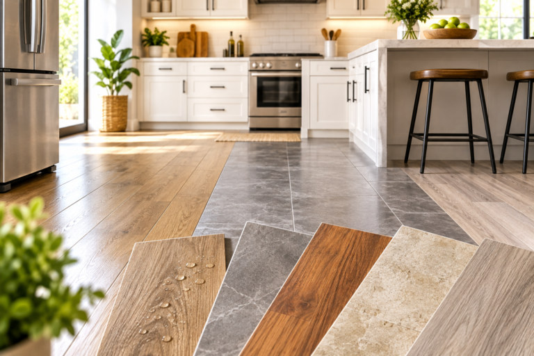 Comparison of popular kitchen flooring options including hardwood, porcelain tile, natural stone, vinyl plank, and laminate in a modern kitchen.