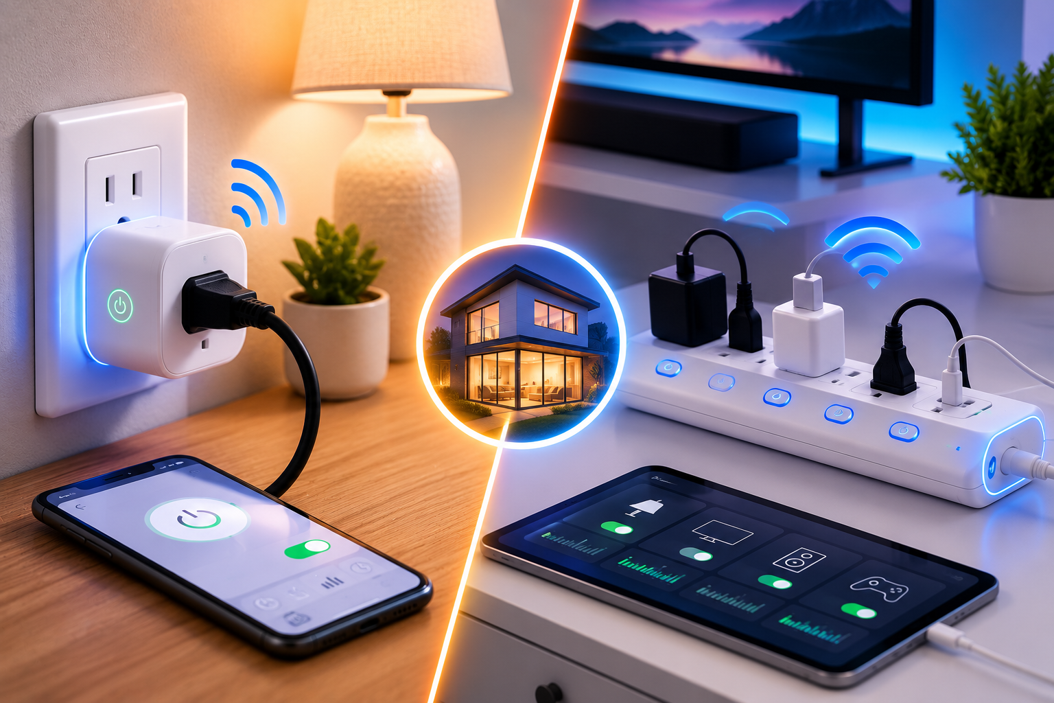 Smart plug and smart power strip compared in a modern American home, showing single-device control versus multiple connected devices and smart energy management.