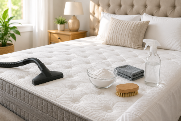 Mattress care and maintenance scene showing vacuuming, baking soda deodorizing, fresh bedding, cleaning supplies, and mattress protection in a bright modern bedroom.