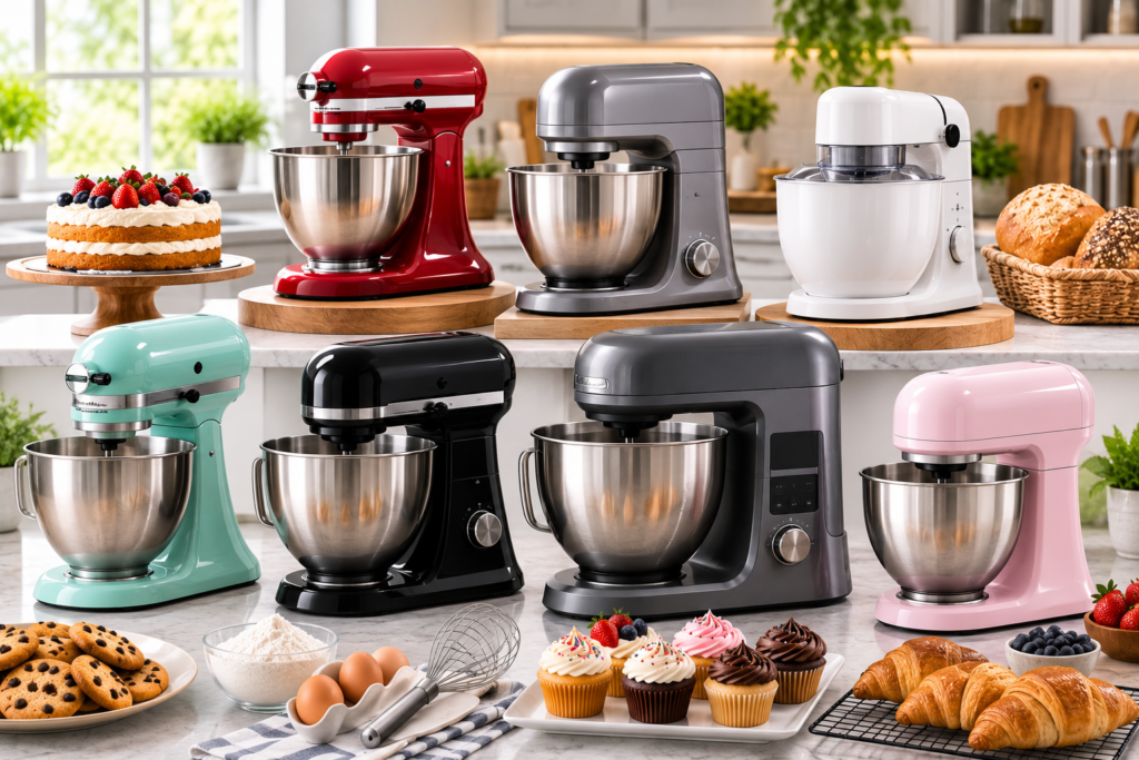 "Collection of modern stand mixers with stainless steel mixing bowls displayed alongside cakes, bread, cookies, cupcakes, and baking ingredients in a bright contemporary kitchen."