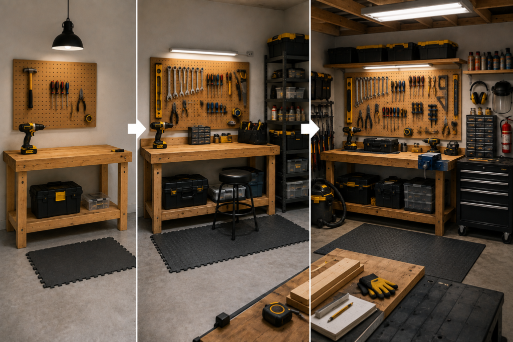 "Three-stage home workshop setup showing a DIY workspace growing from a basic workbench with essential tools to a fully equipped, organized workshop with storage, power tools, and safety equipment."