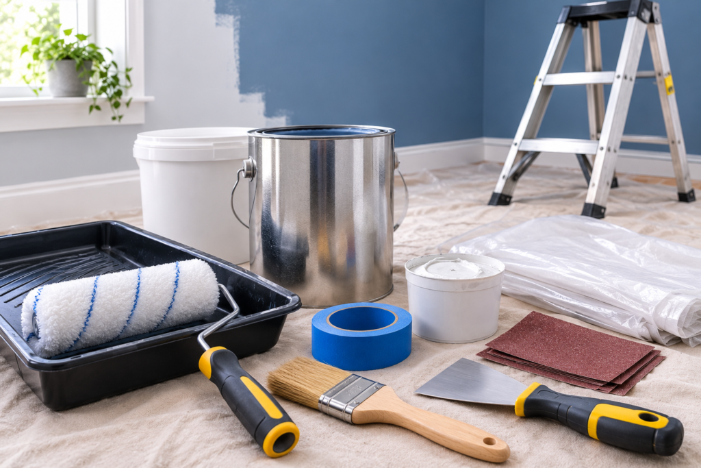 Painting tools and materials including paint cans, roller, brush, painter’s tape, drop cloth, sandpaper, scraper, and step ladder.