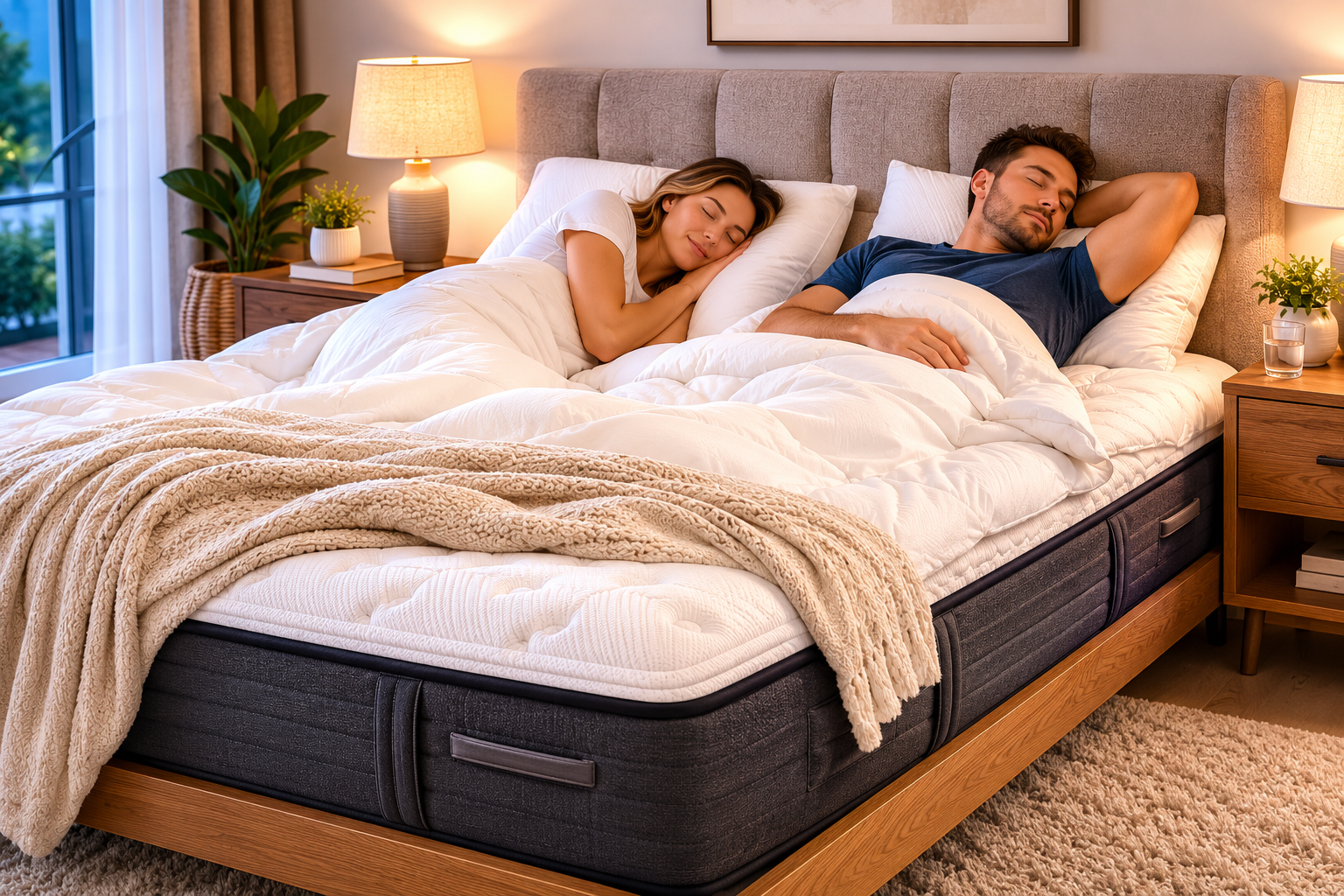 Featured image of a couple comfortably sleeping together on a spacious hybrid mattress in a warm, modern bedroom, emphasizing shared comfort and support.