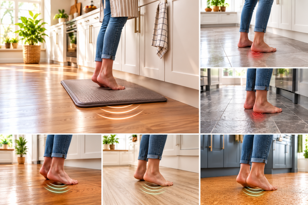 Person standing on an anti-fatigue mat in a modern kitchen, comparing comfort across hardwood, vinyl, tile, and cork flooring options.