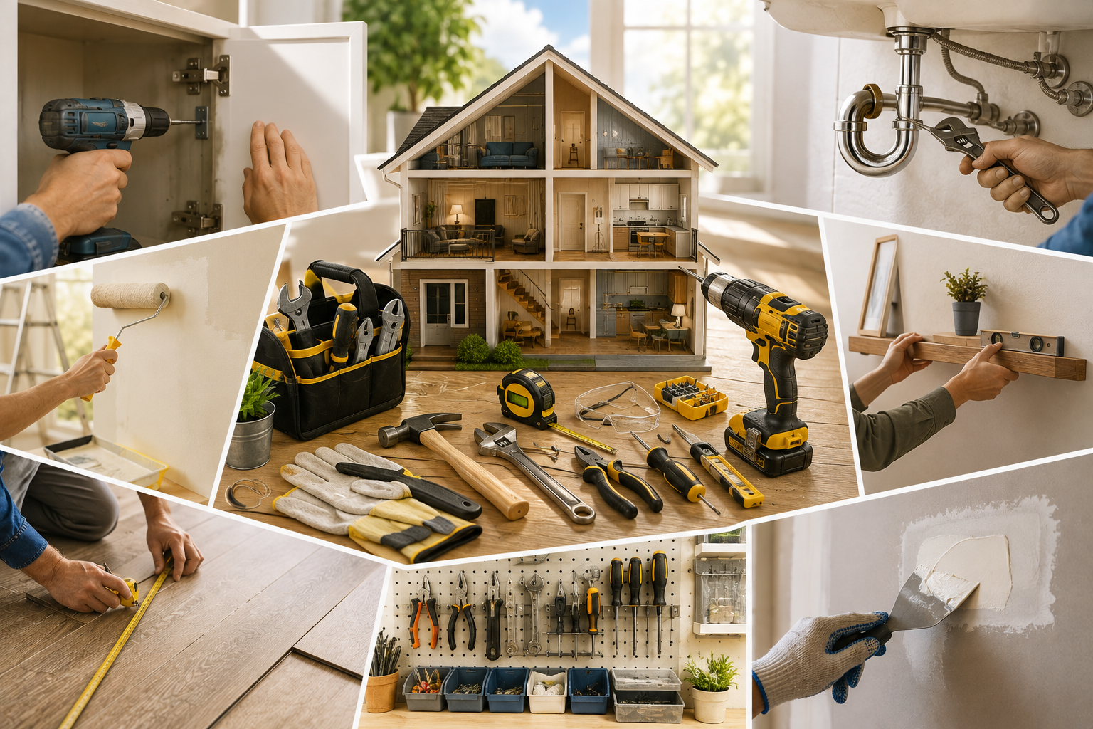 "Modern home DIY workspace featuring a cutaway house model, essential hand and power tools, painting, plumbing, drywall repair, shelf installation, and flooring projects for beginner homeowners."