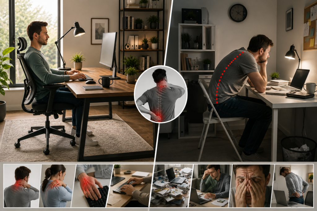 Comparison of an ergonomic home office desk setup with proper posture and a cramped desk setup causing poor posture, neck, back, and wrist strain.