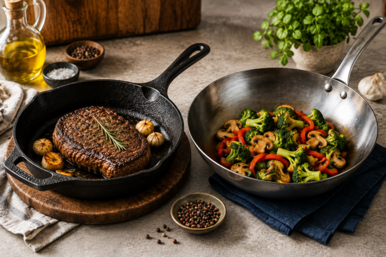 "Cast iron skillet and carbon steel pan cooking different meals on a modern kitchen countertop."