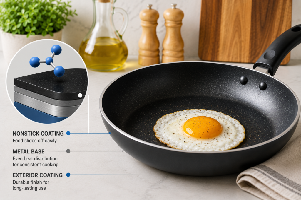 Nonstick frying pan with layered coating illustration showing the cooking surface, metal core, and durable exterior.