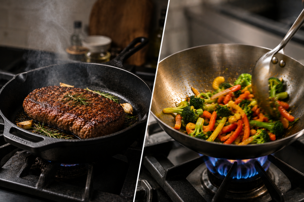 "Cast iron skillet searing steak beside a carbon steel pan stir-frying vegetables on a gas stove."