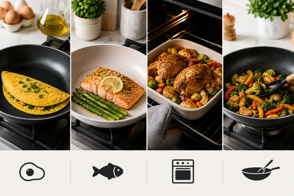 Different cookware used for eggs, fish, roasting, and stir-frying in a modern home kitchen.