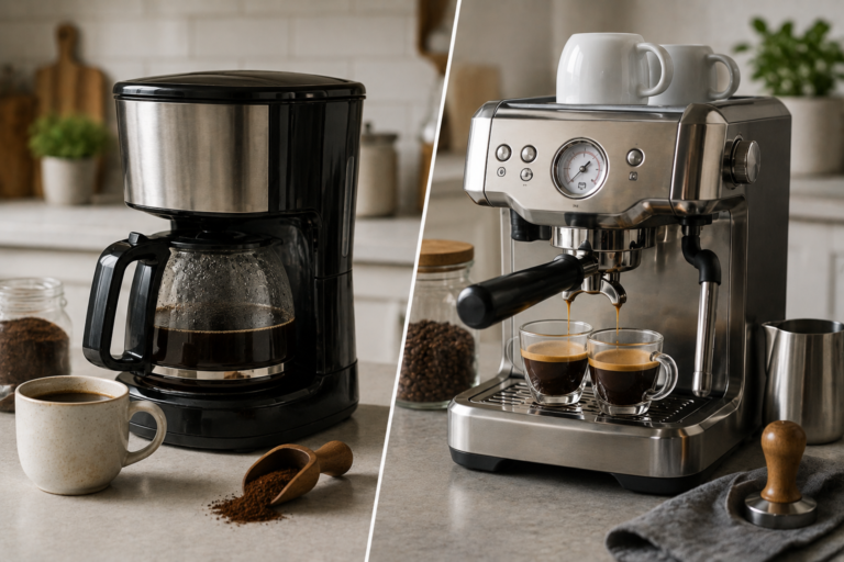 "Drip coffee maker and espresso machine displayed side by side on a modern kitchen countertop."