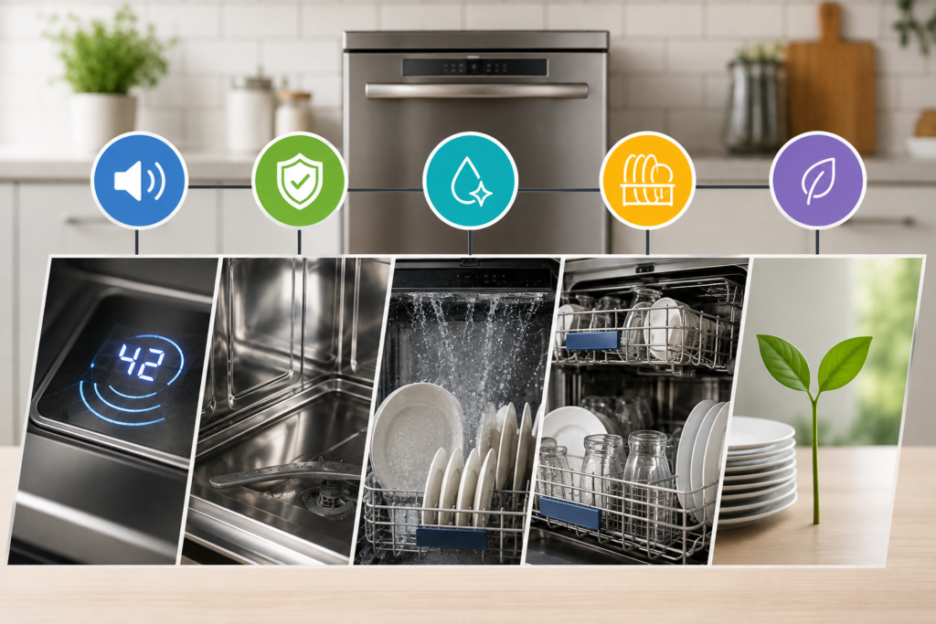 Dishwasher feature comparison showing noise level, stainless steel tub, drying performance, rack flexibility, and energy efficiency.