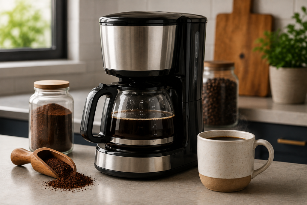 "Modern drip coffee maker brewing fresh coffee on a clean kitchen countertop."