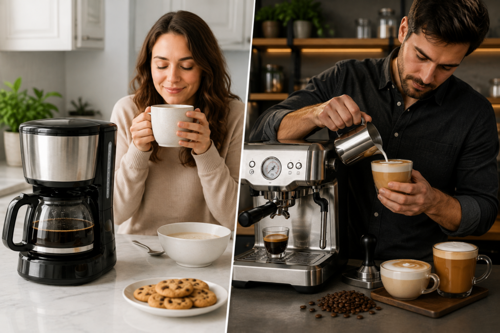 "Person choosing between a drip coffee maker and an espresso machine based on daily coffee preferences."